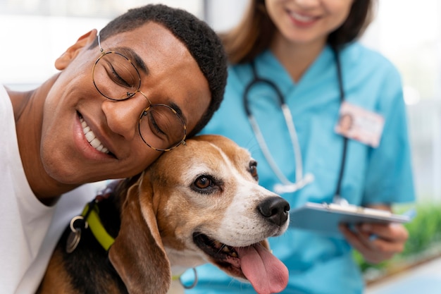 Close up smiley man with cute dog