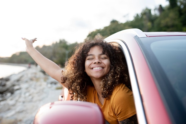 Close up smiley woman traveling