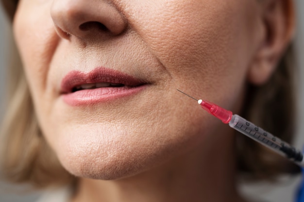 Close up smiley woman with hyaluronic acid injection