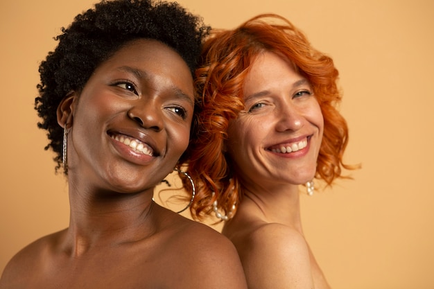 Close up smiley women posing together