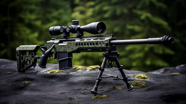 Close up on sniper gun set in nature