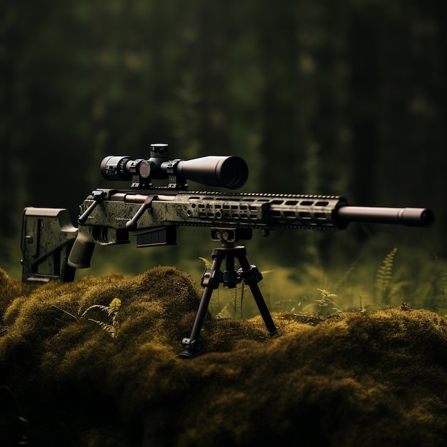 Close up on sniper gun set in nature