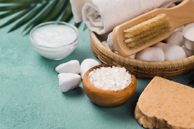 Close-up spa salt with brush and stones