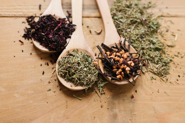 Close-up of spoons with tea leaves