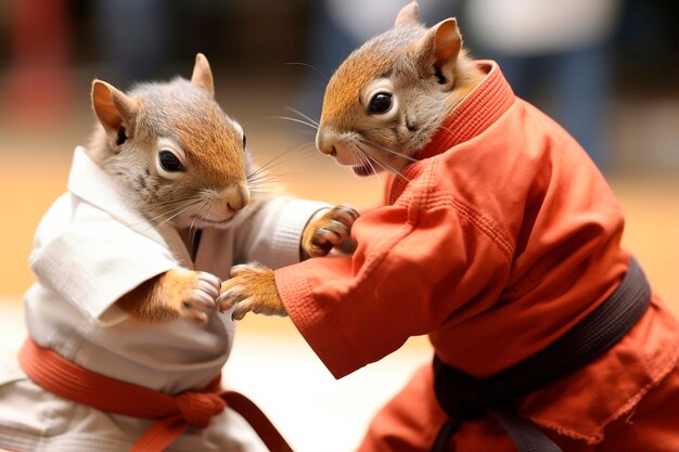 Close up on squirrels doing martial arts