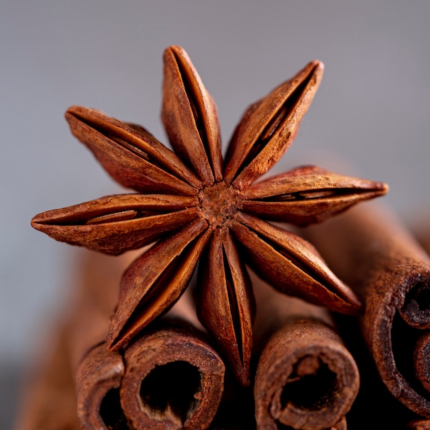 Close-up of star anise and cinnamon sticks