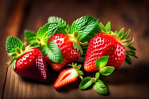 A close up of strawberries on a wooden table