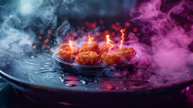 Close up on street food in neon light