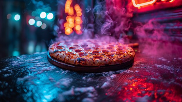 Close up on street food in neon light