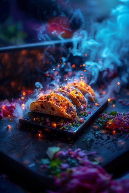 Close up on street food in neon light