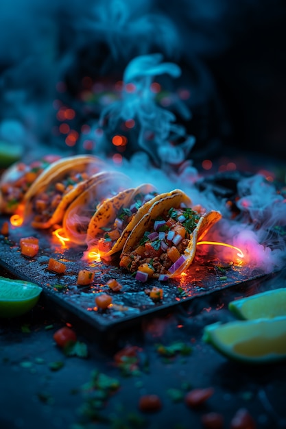 Close up on street food in neon light