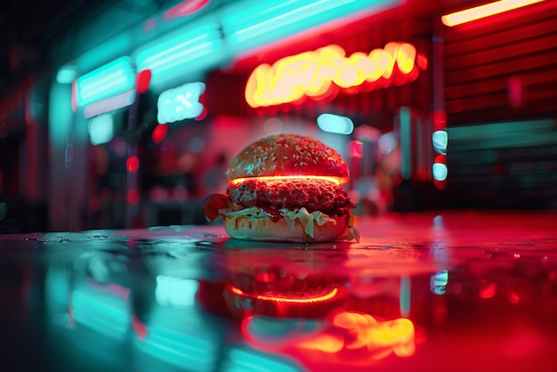 Close up on street food in neon light