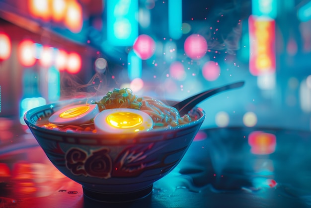 Free Photo close up on street food in neon light