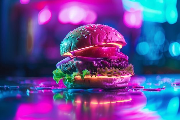 Close up on street food in neon light