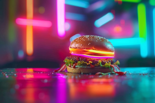 Close up on street food in neon light