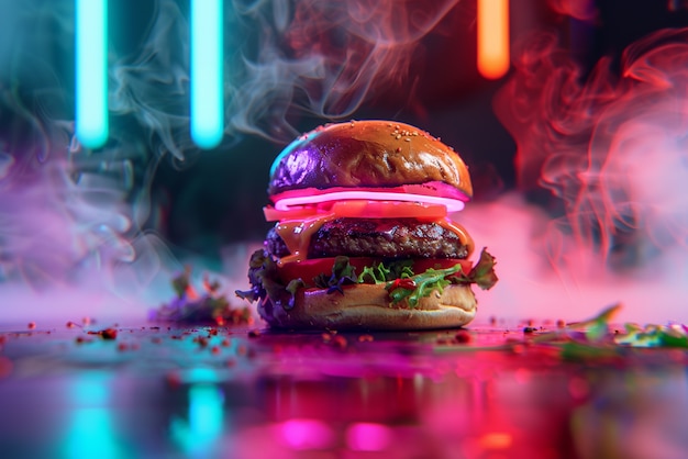 Free photo close up on street food in neon light