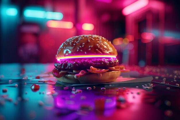 Close up on street food in neon light