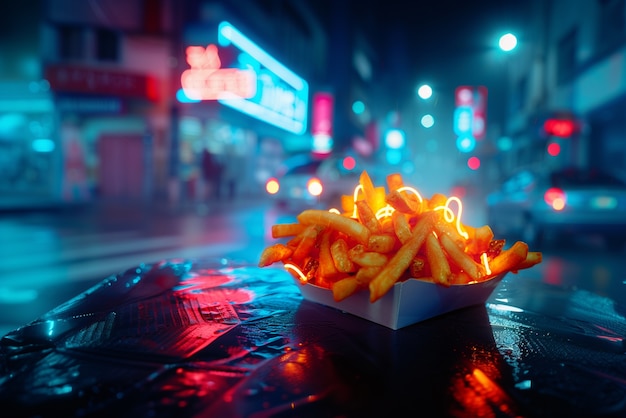 Free photo close up on street food in neon light