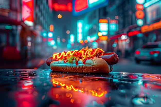 Free Photo close up on street food in neon light