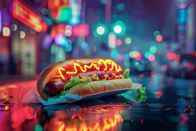 Free Photo close up on street food in neon light