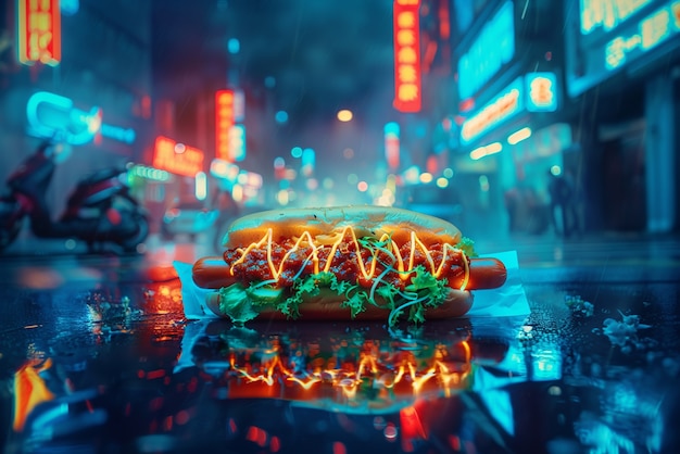 Free photo close up on street food in neon light