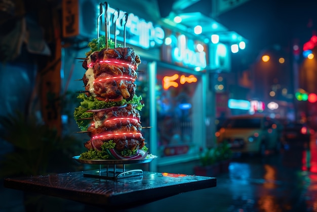 Free photo close up on street food in neon light