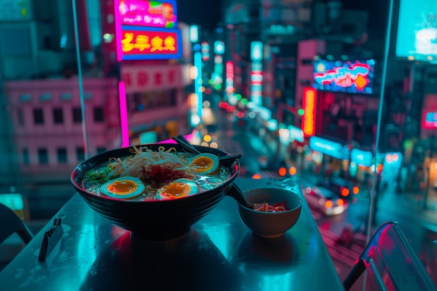 Free photo close up on street food in neon light