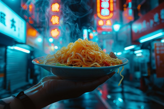 Free Photo close up on street food in neon light