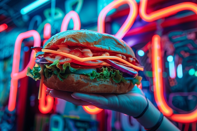 Free Photo close up on street food in neon light