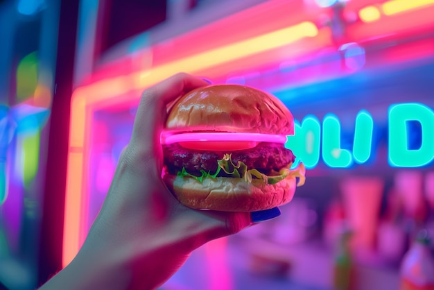 Free Photo close up on street food in neon light