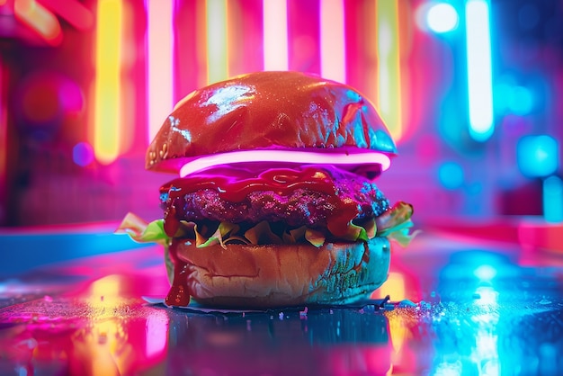 Free Photo close up on street food in neon light