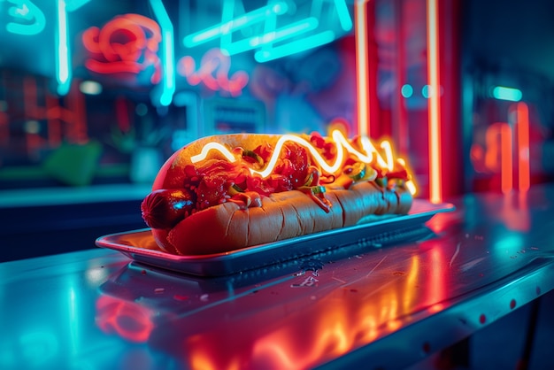 Free photo close up on street food in neon light