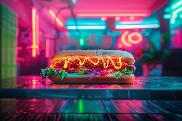 Free Photo close up on street food in neon light