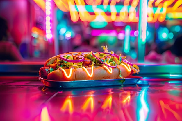 Free photo close up on street food in neon light