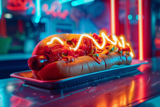 Free Photo close up on street food in neon light