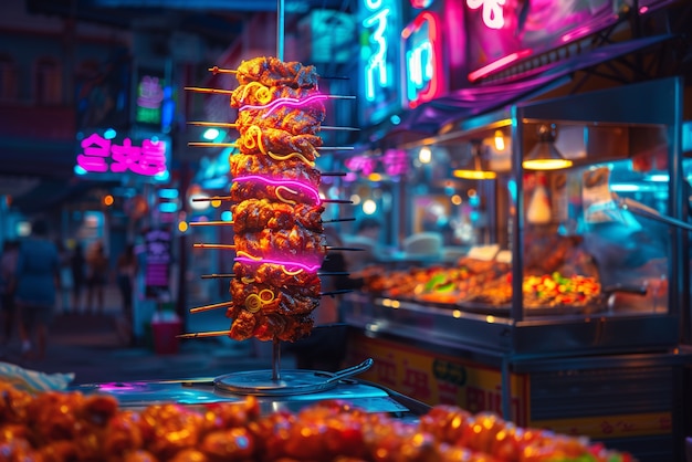 Free photo close up on street food in neon light