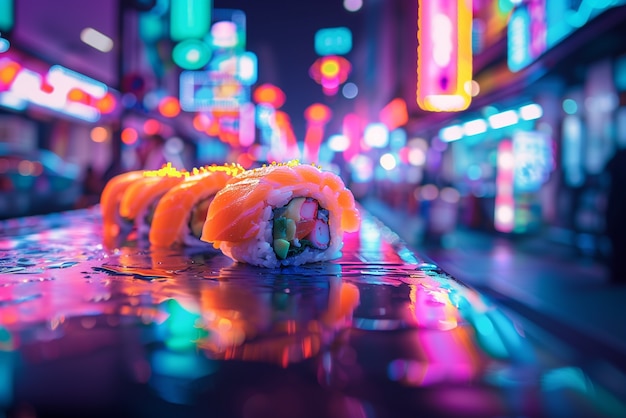 Close up on street food in neon light