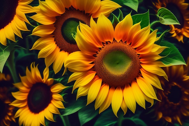 A close up of a sunflower with the green leaf in the center.