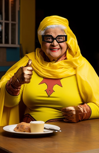 Close up on superhero granny having dinner