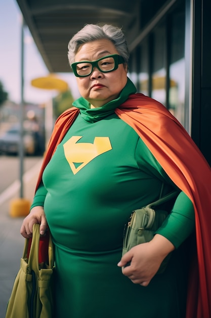 Close up on superhero granny near supermarket