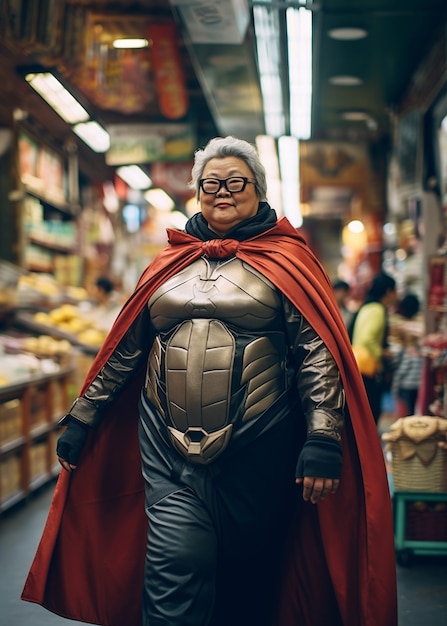 Close up on superhero granny in supermarket