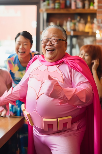 Close up on superhero in pink costume