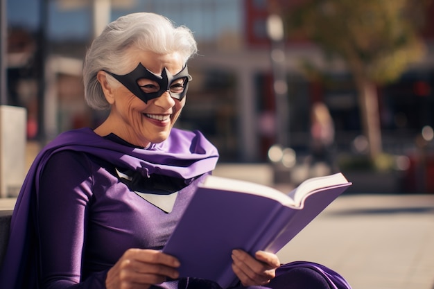 Free Photo close up on superhero woman in purple costume