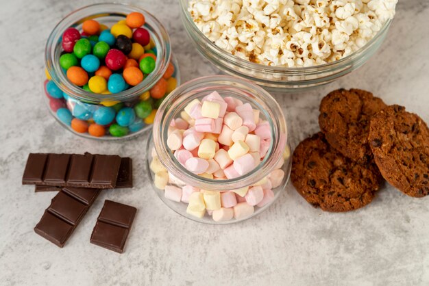 Close-up sweets sortiments on table