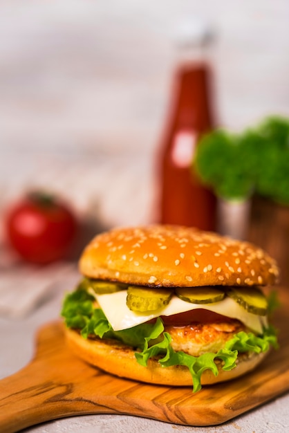 Close-up tasty beef burger with lettuce