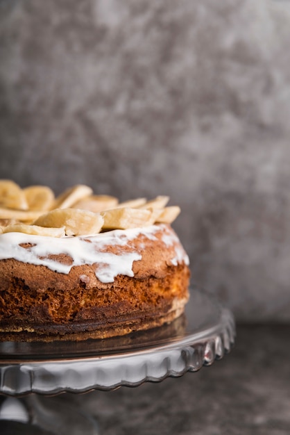 Close-up tasty cake with banana slices