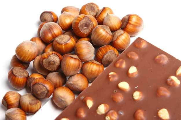 Close up of tasty chocolate with hazelnuts