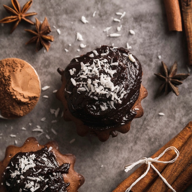 Close-up tasty muffins with chocolate