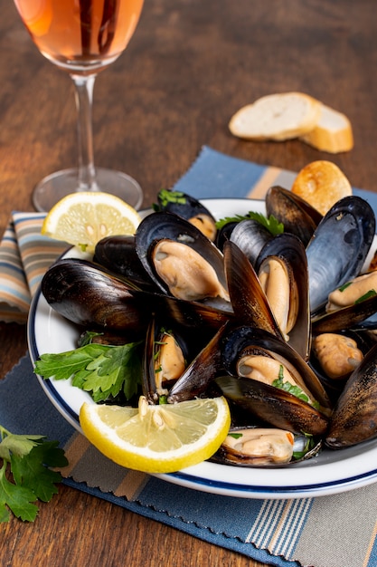 Close-up tasty mussel shells on a plate