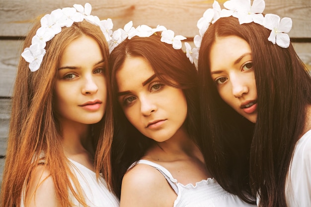 Free photo close-up of three young women with floral wreaths